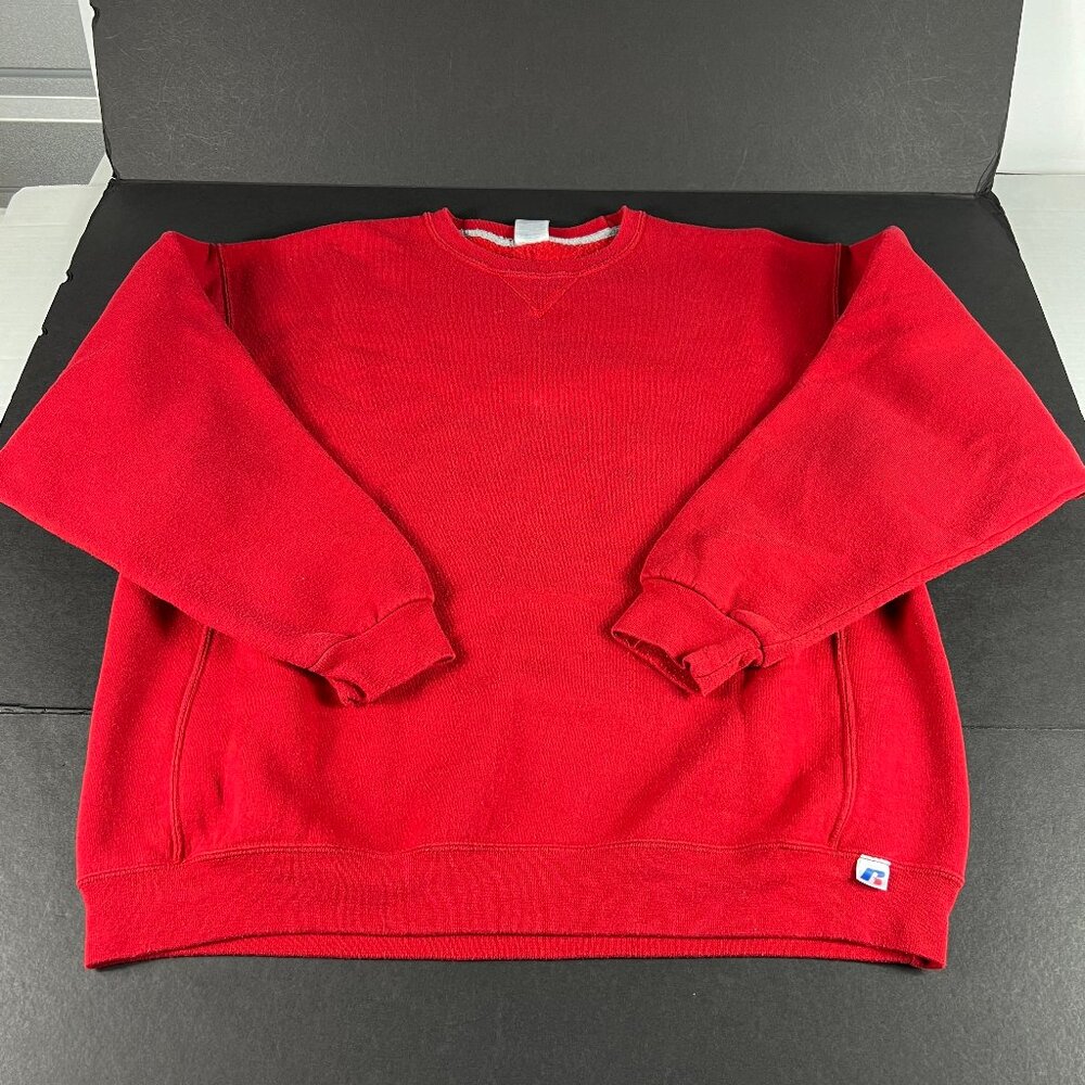 Y2K Russell Athletic Sweatshirt Extra Large Bright Red Faded Pullover Crewneck